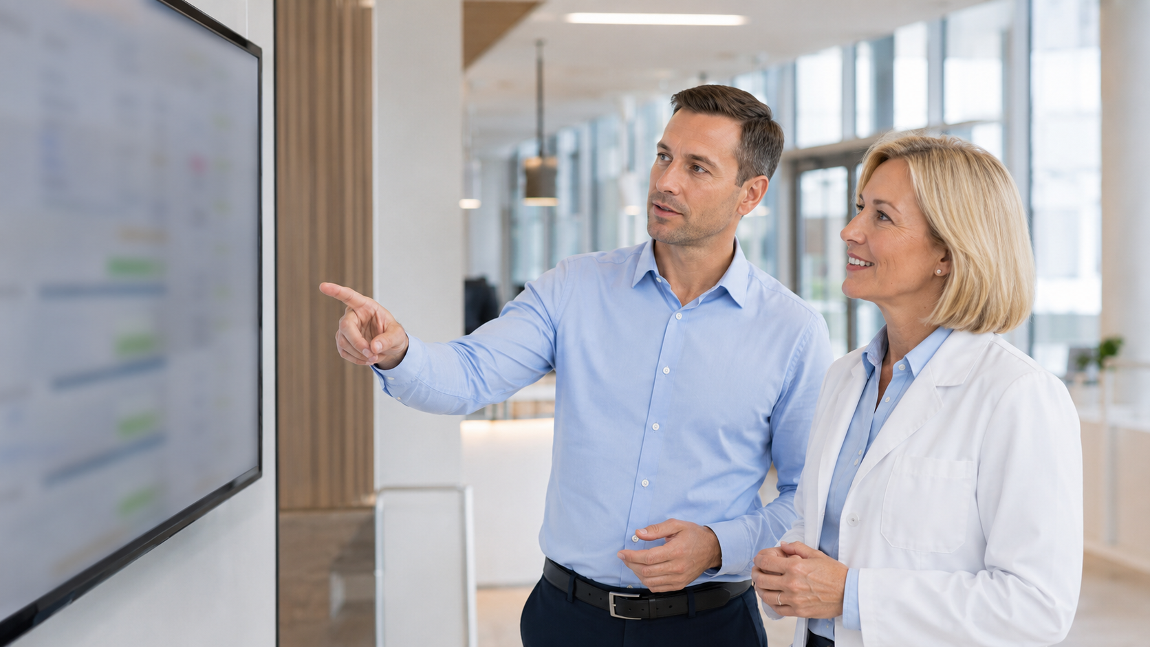 IT-Verantwortliche besprechen die digitale Systemlandschaft einer modernen Klinik