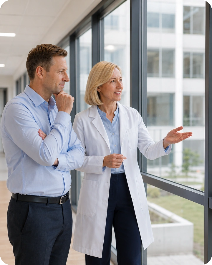 Klinikleitung und Stationsleitung besprechen gemeinsam Abläufe in einer modernen Klinik