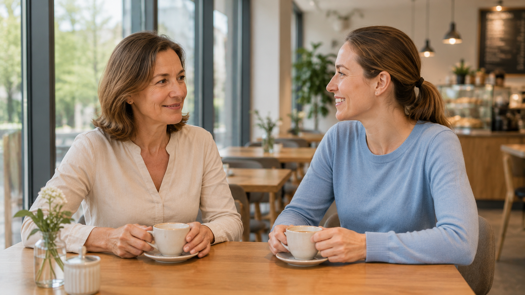 Eine Patientin sitzt gemeinsam mit ihrer erwachsenen Tochter in einer hellen Klinikcafeteria und unterhält sich entspannt
