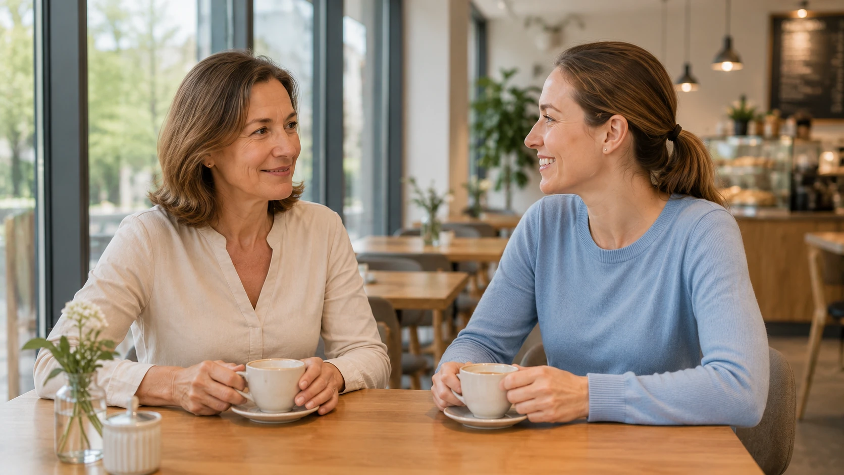 Eine Patientin sitzt gemeinsam mit ihrer erwachsenen Tochter in einer hellen Klinikcafeteria und unterhält sich entspannt