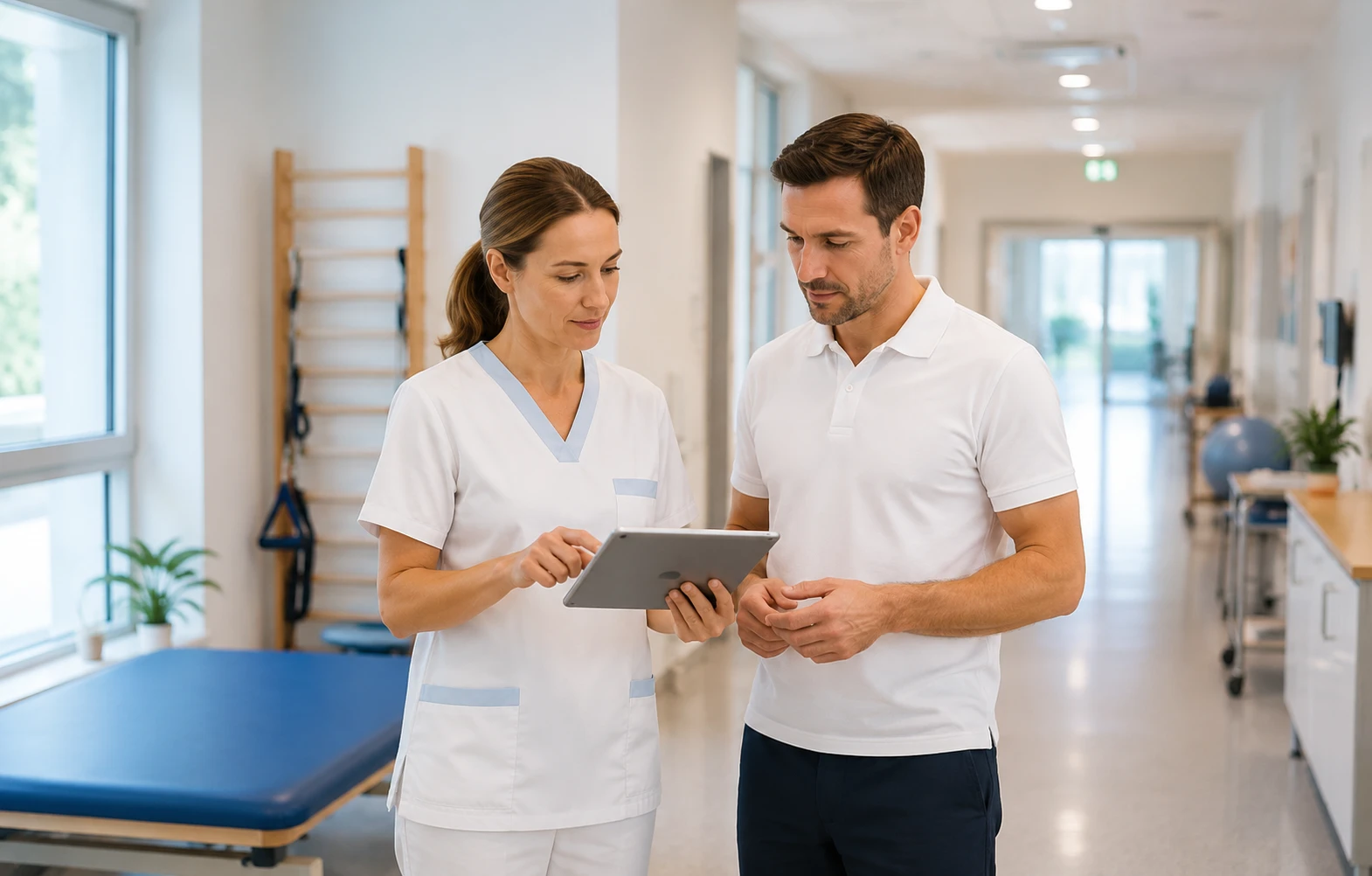 Pflegekraft, Physiotherapeut und Ärztin stimmen sich in einer Reha-Einrichtung ab