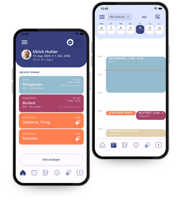 VagusApp Ansicht mit Tagesplan und Terminen während des Aufenthalts