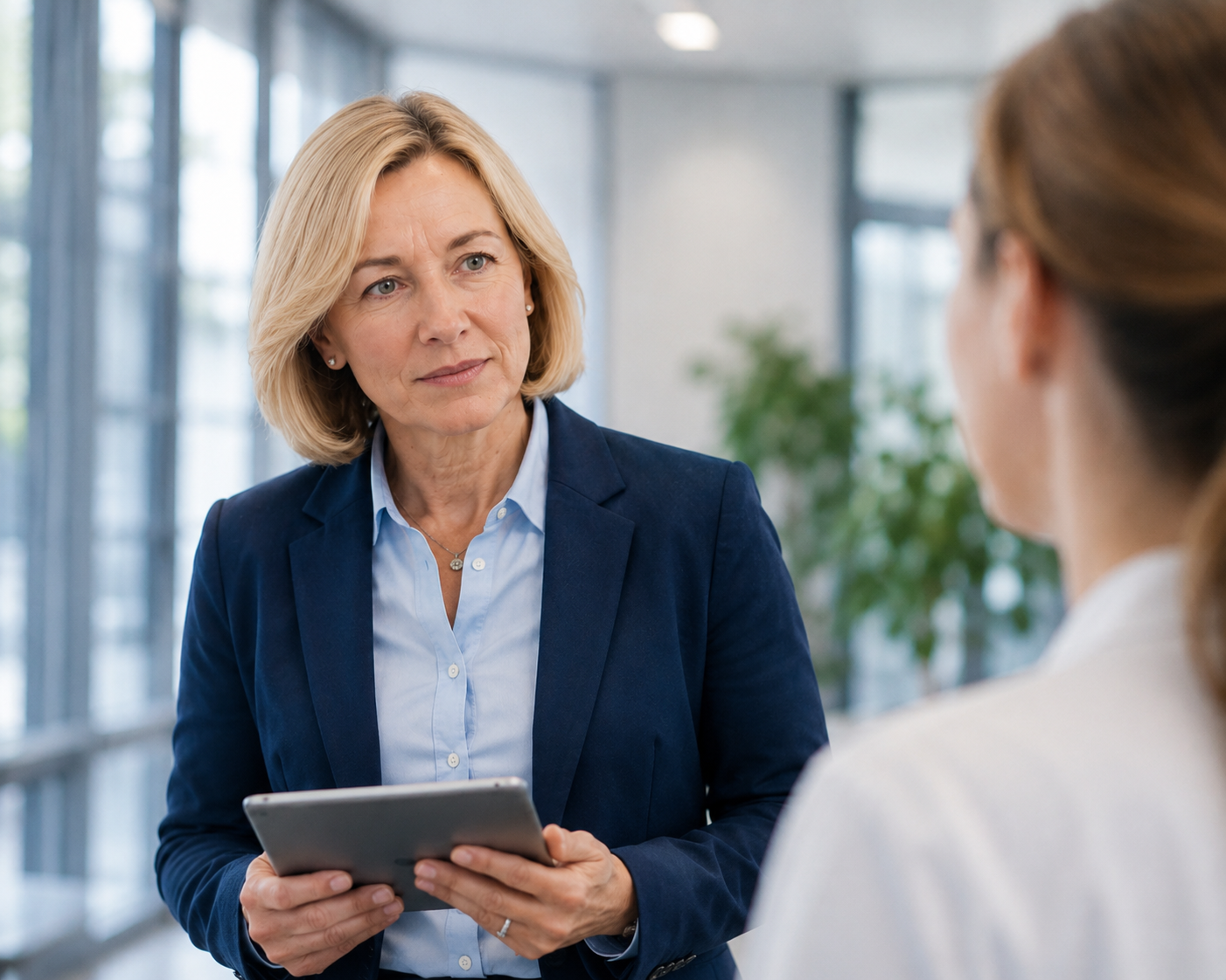 Klinikmitarbeiterin arbeitet mit digitaler Sicherheits- und Datenschutzübersicht