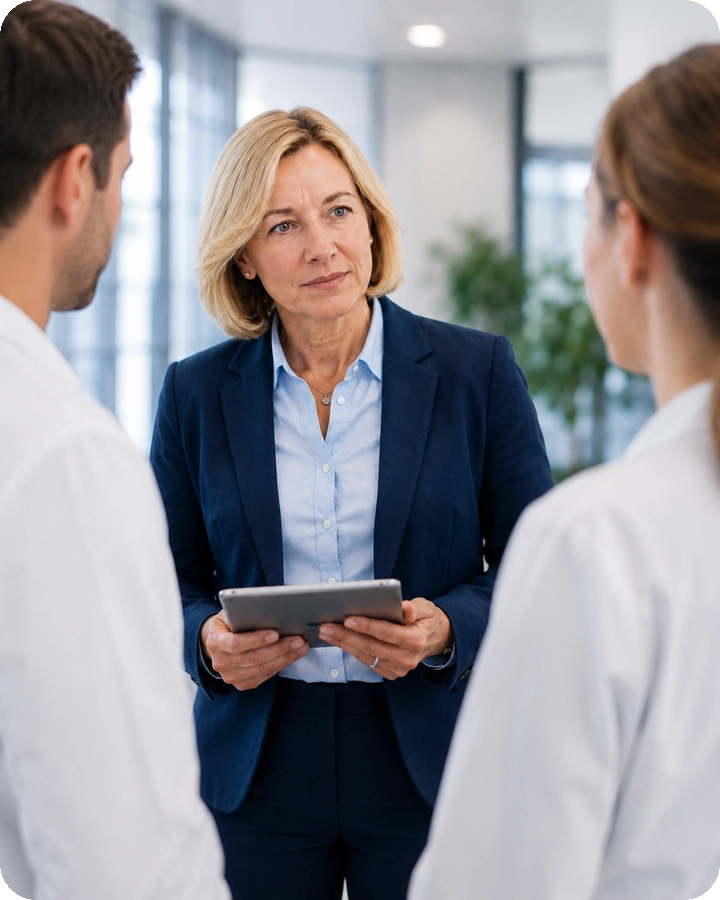 Klinikmitarbeiterin arbeitet mit digitaler Sicherheits- und Datenschutzübersicht