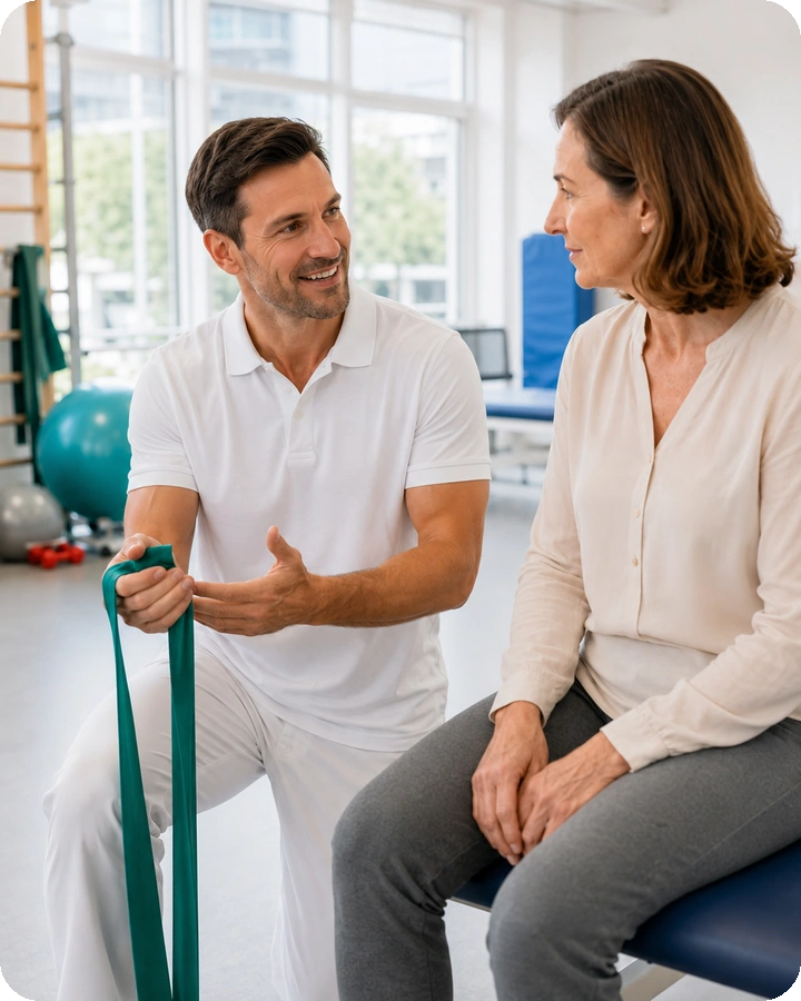 Physiotherapeut erklärt Patientin eine Übung in einem hellen Therapieraum
