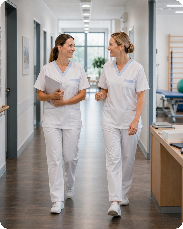 Pflegekraft arbeitet in einer modernen Reha-Klinik mit klar strukturierten Informationen
