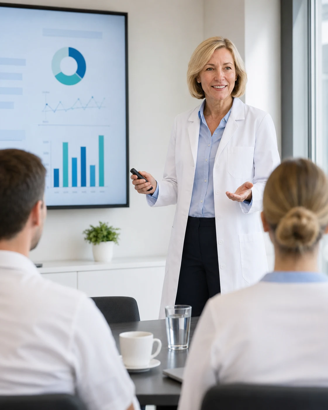 Eine Ärztin hält einen Vortrag vor Gesundheitsfachkräften in einem modernen Konferenzraum