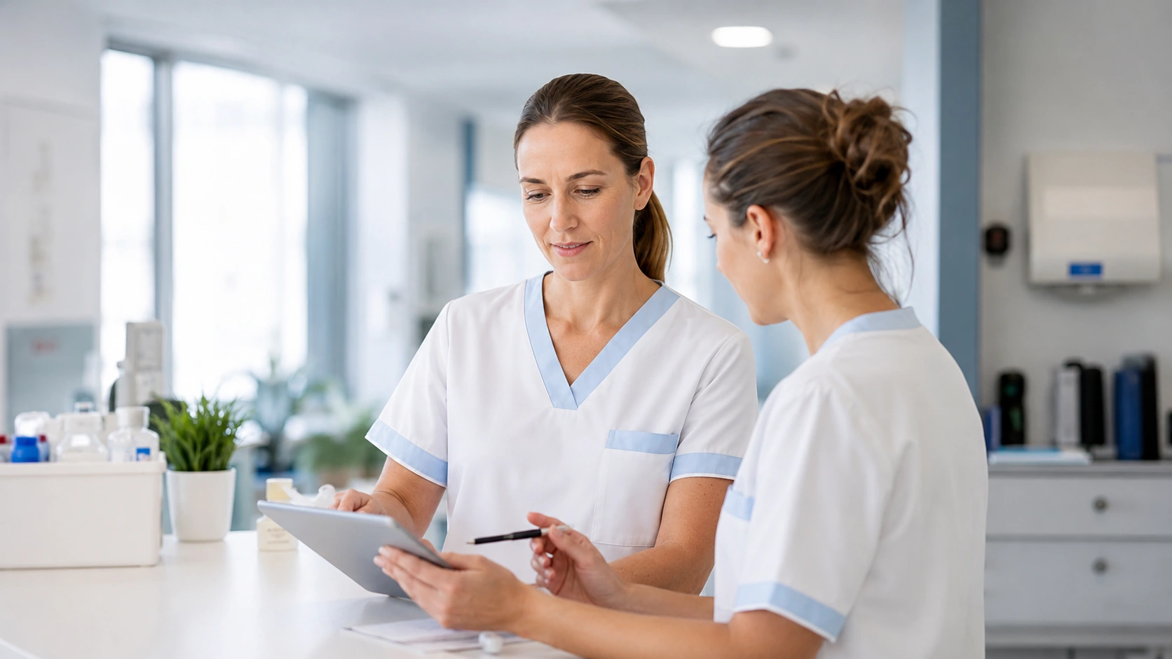Pflegekraft spricht mit einer Patientin in einer hellen Reha-Klinik