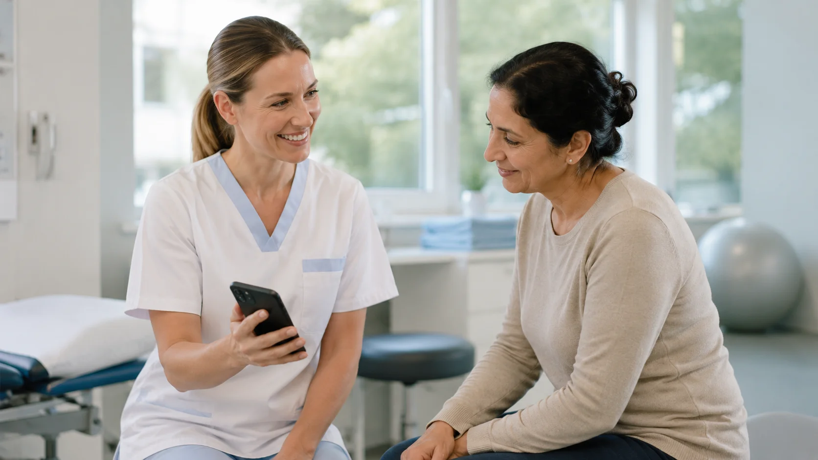 Pflegekraft spricht mit internationaler Patientin in einer modernen Reha-Klinik